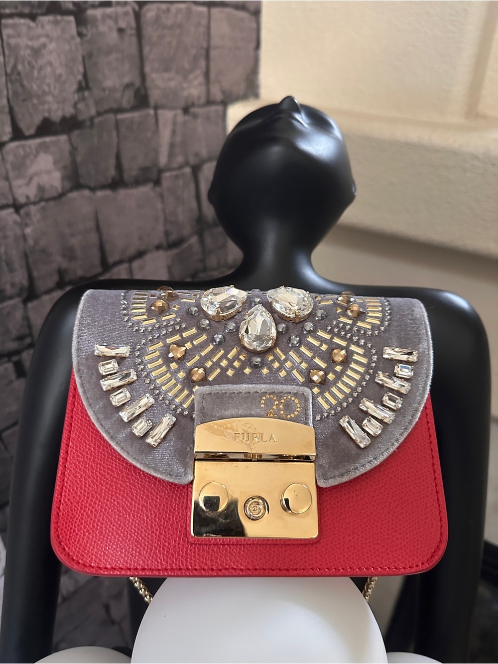Furla Womens Red Gray Beaded Metropolis Designer Mini Crossbody Bag